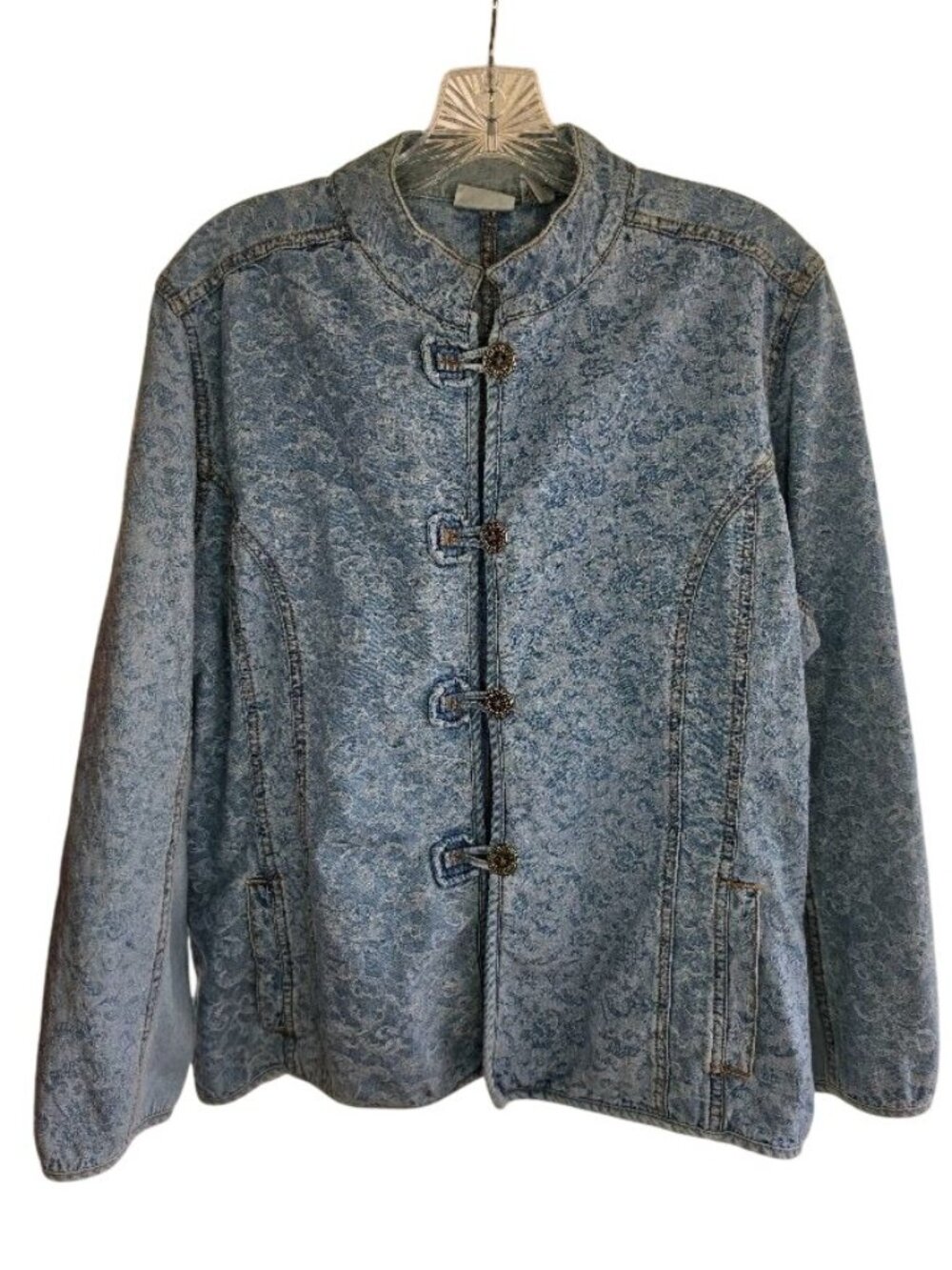 Chico's Denim Jacket Cotton Mandarin Frog Closure Vintage 2000s Size 3